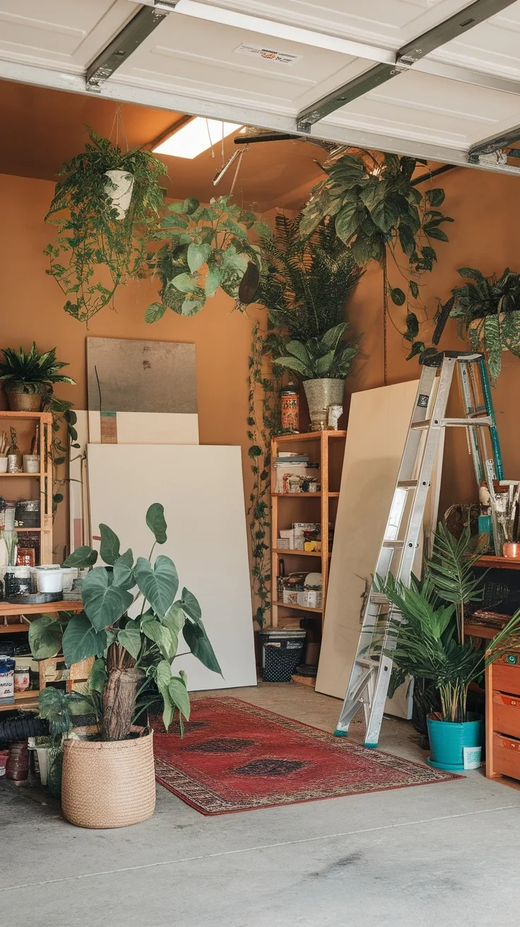 A vibrant garage art studio filled with various plants and art supplies.