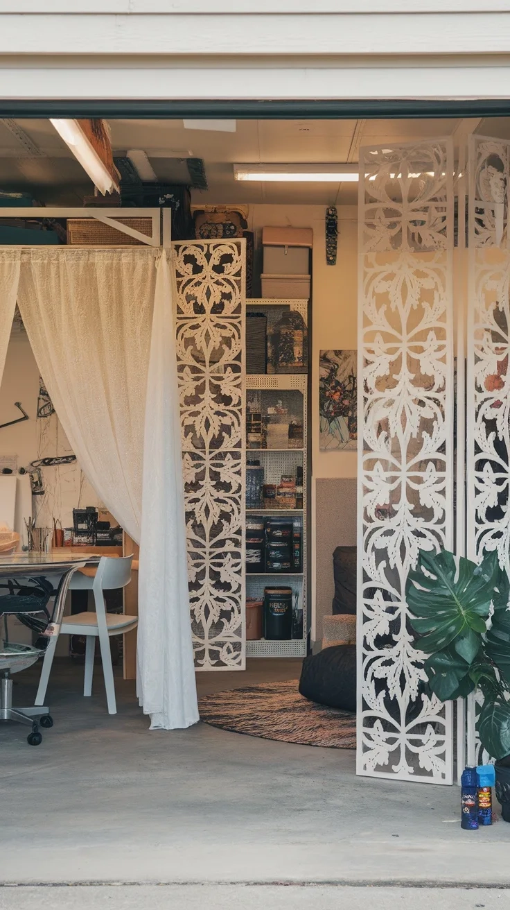 A garage art studio with decorative partitions and a cozy workspace.