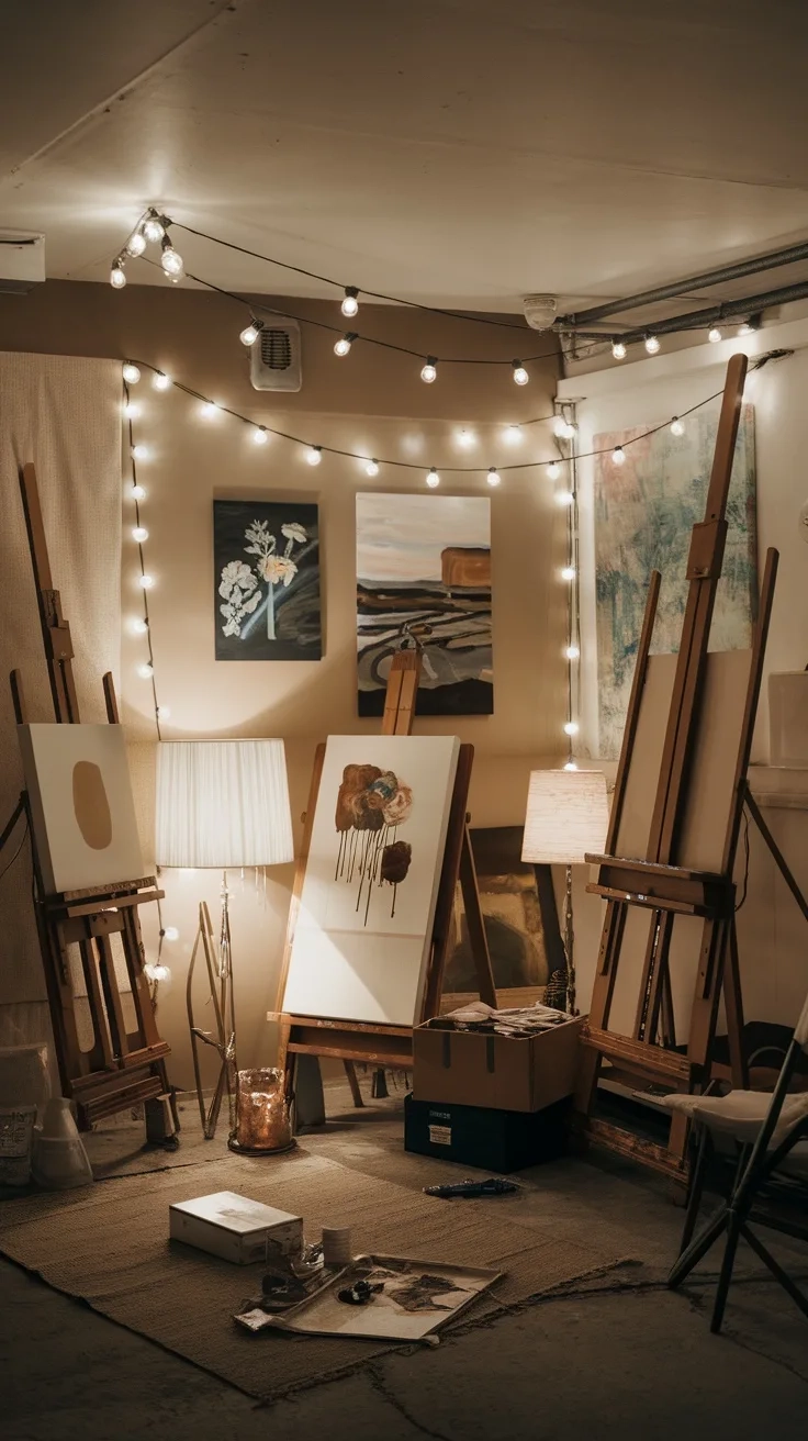 A cozy garage art studio with ambient lighting and easels.