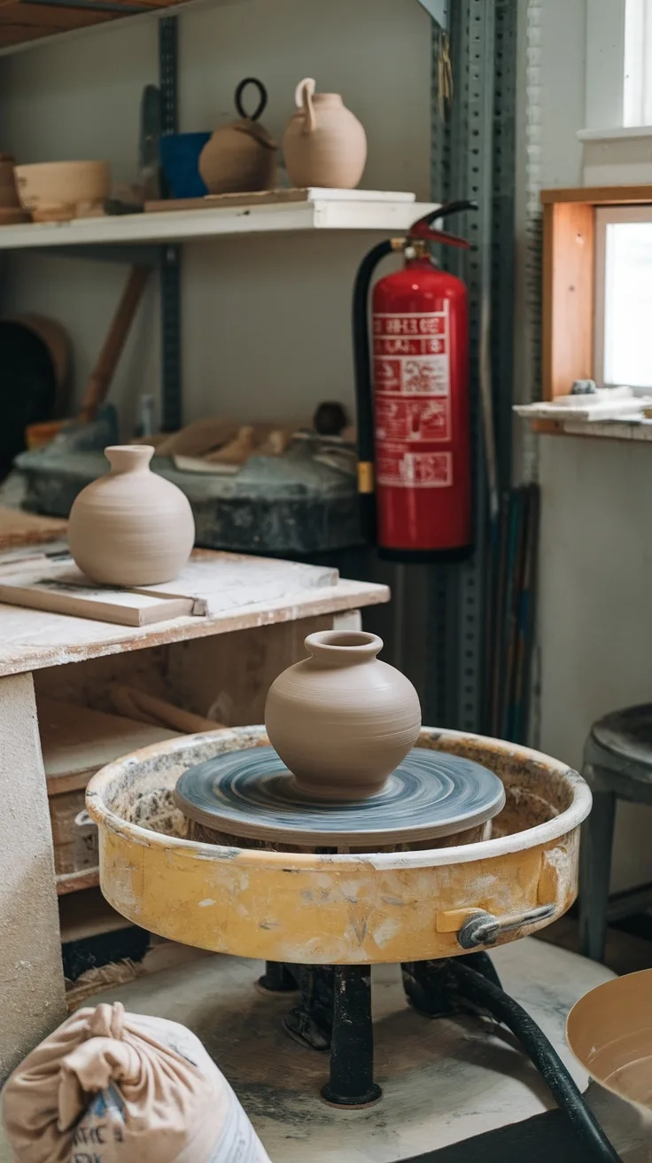 Pottery wheel station in a garage art studio with clay pots and tools.