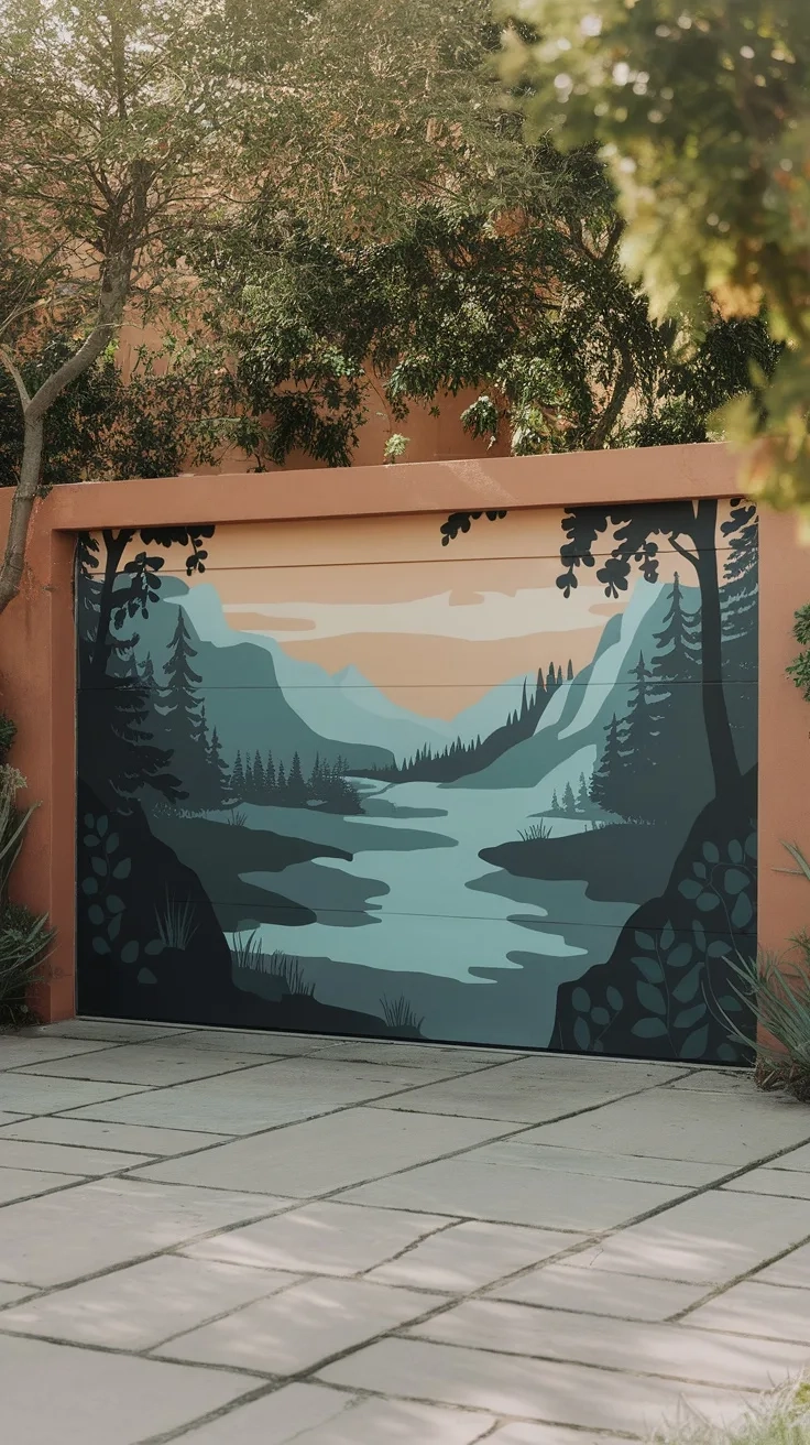 A beautifully painted garage door showcasing a serene landscape with mountains and a river.