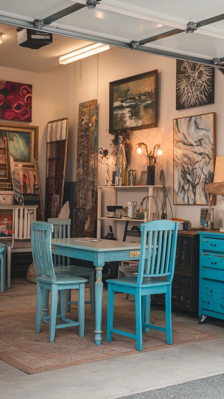 A garage art studio featuring upcycled blue furniture and vibrant artwork.