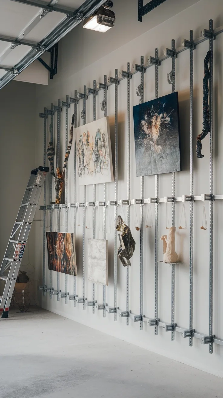 A garage art studio with vertical art hangers displaying various artworks.