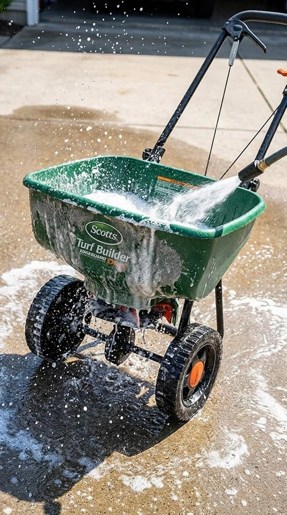 A high-pressure garden hose spraying a white plastic salt spreader that is green and with a handle realistic. Clouds of soapy bubbles and water are washing away grey salt residue. The water is splashing off a concrete driveway. Action shot, vibrant colors, clear water droplets.