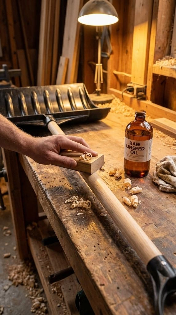  A wooden-handled snow shovel being sanded with a sanding block. Small curls of light wood shavings are visible. A bottle of linseed oil sits nearby. Rustic, 